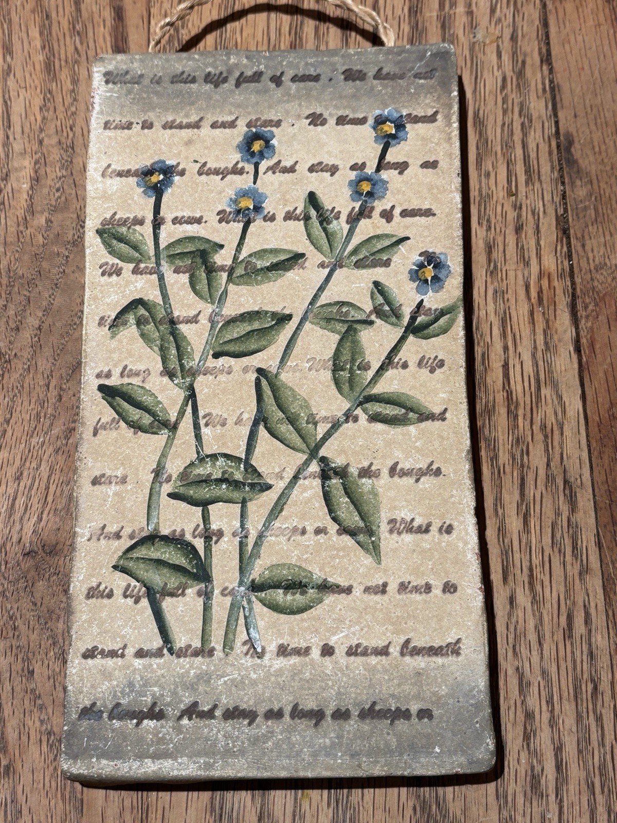 Vintage Wall Tile With Poem & Hand Painted Forget Me Nots Majolica Plaque