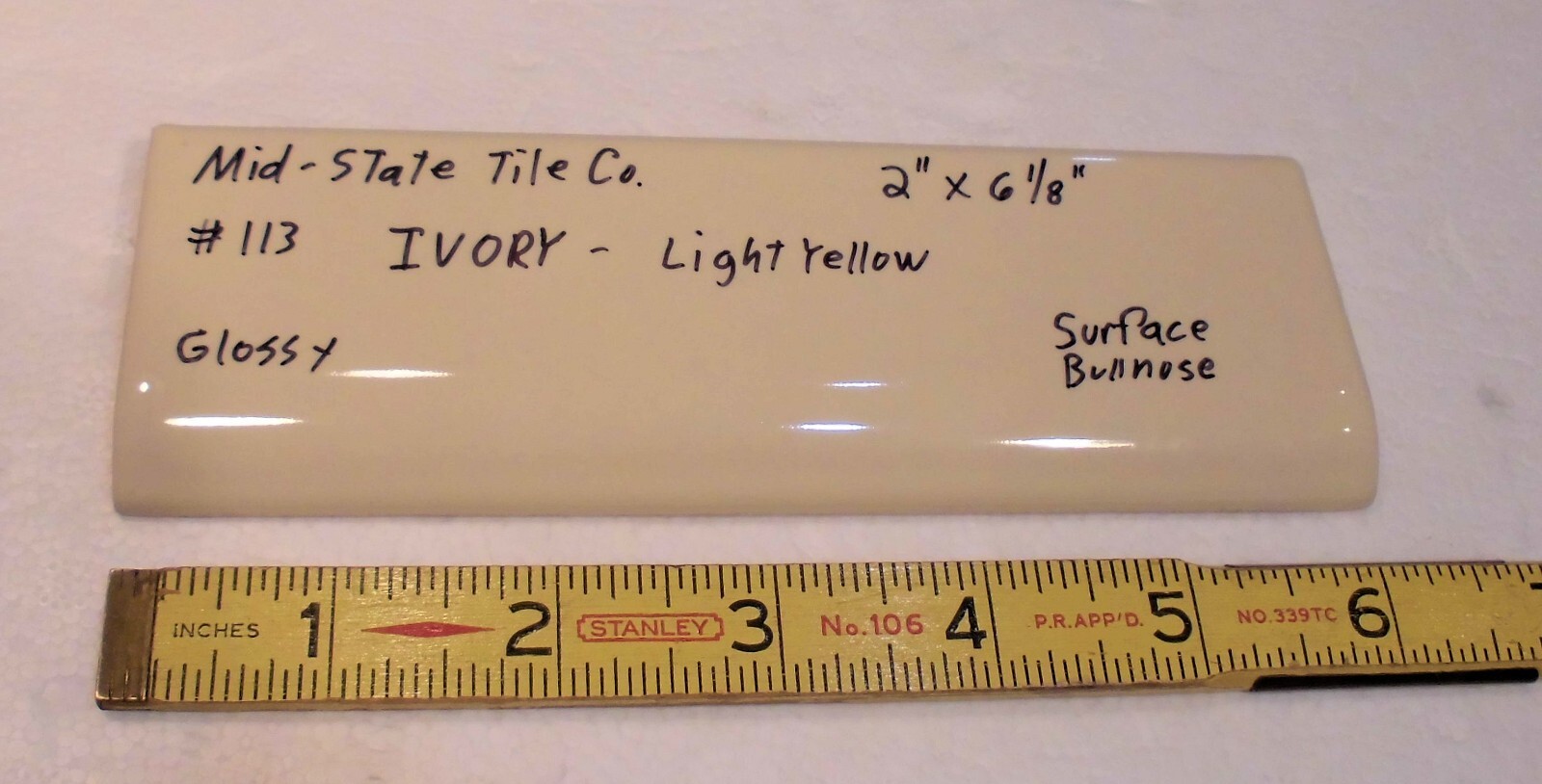 1 pc. Glossy *Ivory* 2” X 6” Bullnose Surface Flat Ceramic Tile, Light Yellow