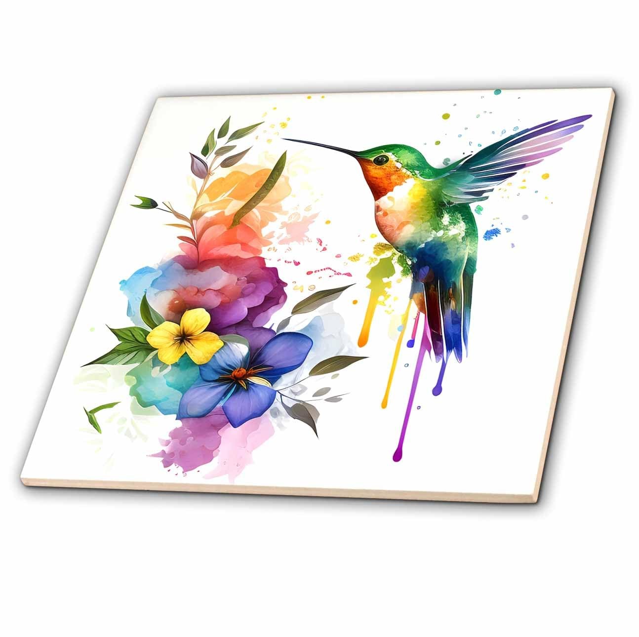 12″ Ceramic Tile Watercolor Hummingbird Flowers Illustration Home Decor