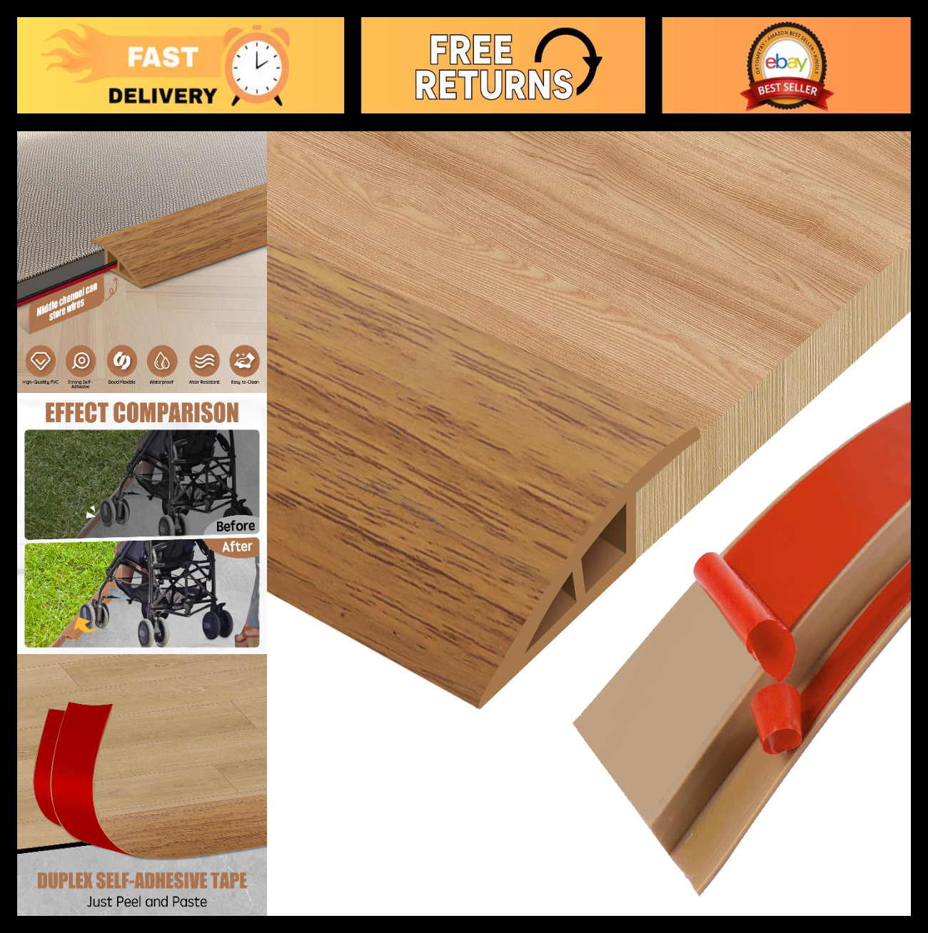 39″ Floor Transition Strip Reducer Trim – Self-Adhesive Doorway Threshold for Ti