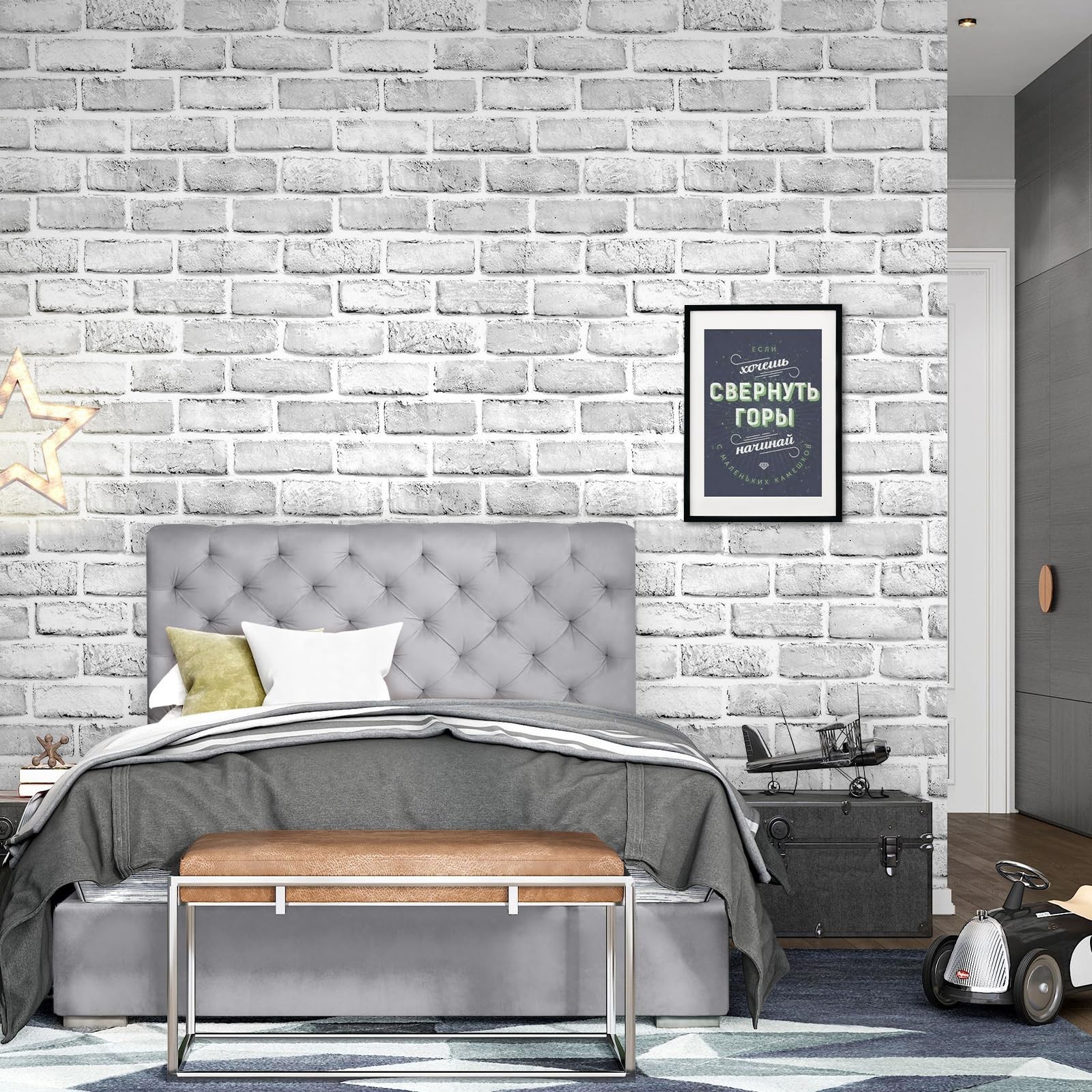 Shackcom Gray-White Brick Wallpaper 2 Rolls 17.5″ x 393″ Self-Adhesive Peel a…