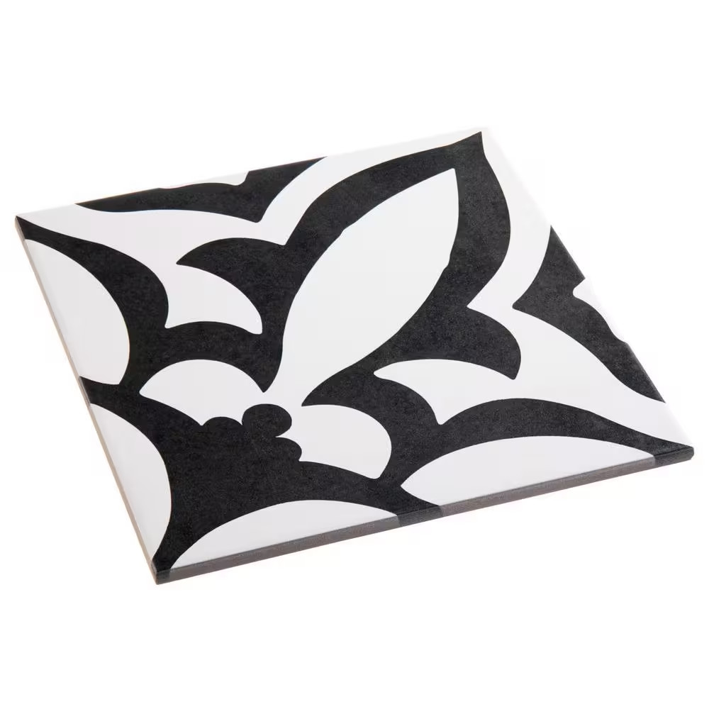 Luv Ti’Amo Black and White 8 In. Encaustic Patterned Matte Porcelain Wall and Fl