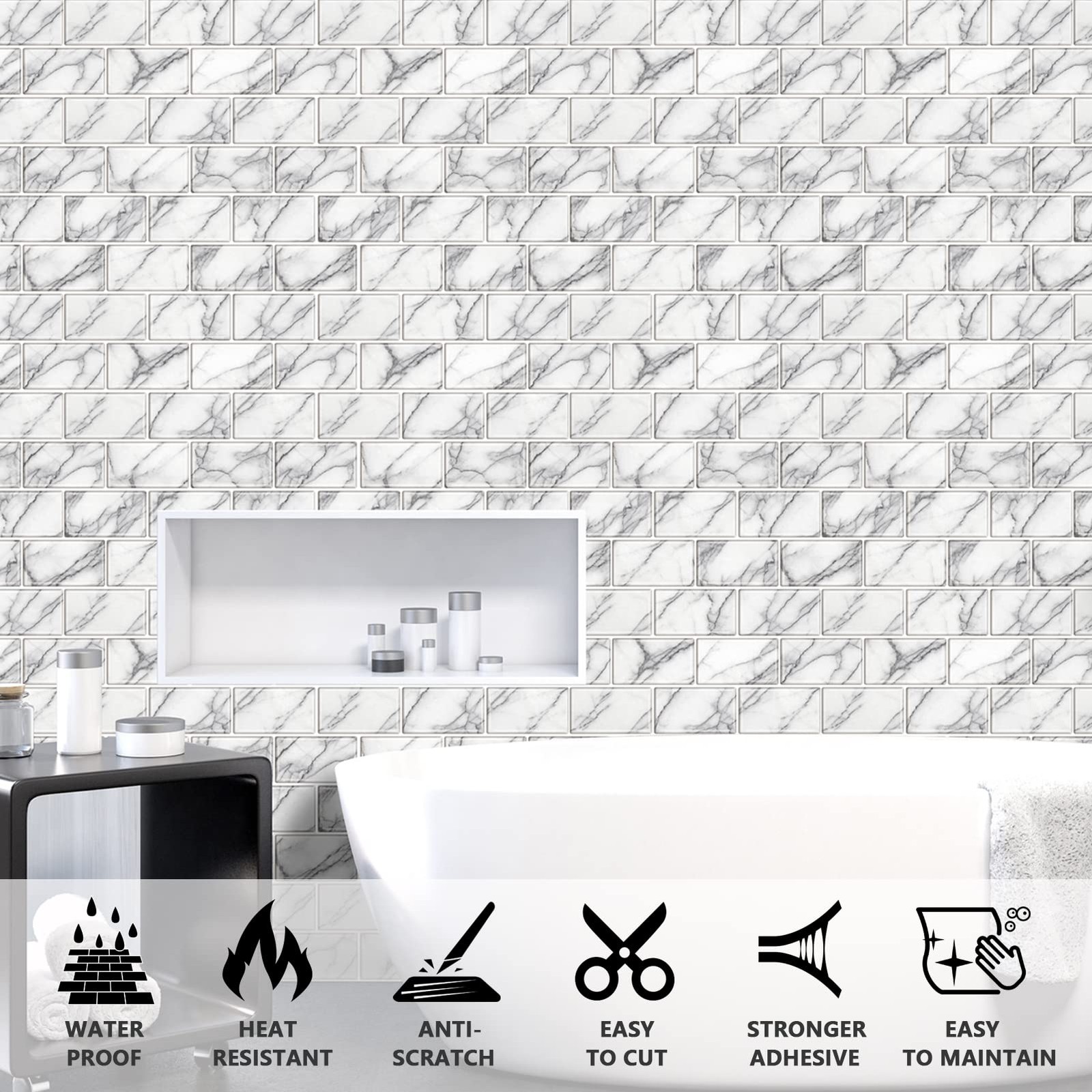 URCOLOR 10-Sheet backsplash Tile for Kitchen Peel 12 x 12 inches, White Gray