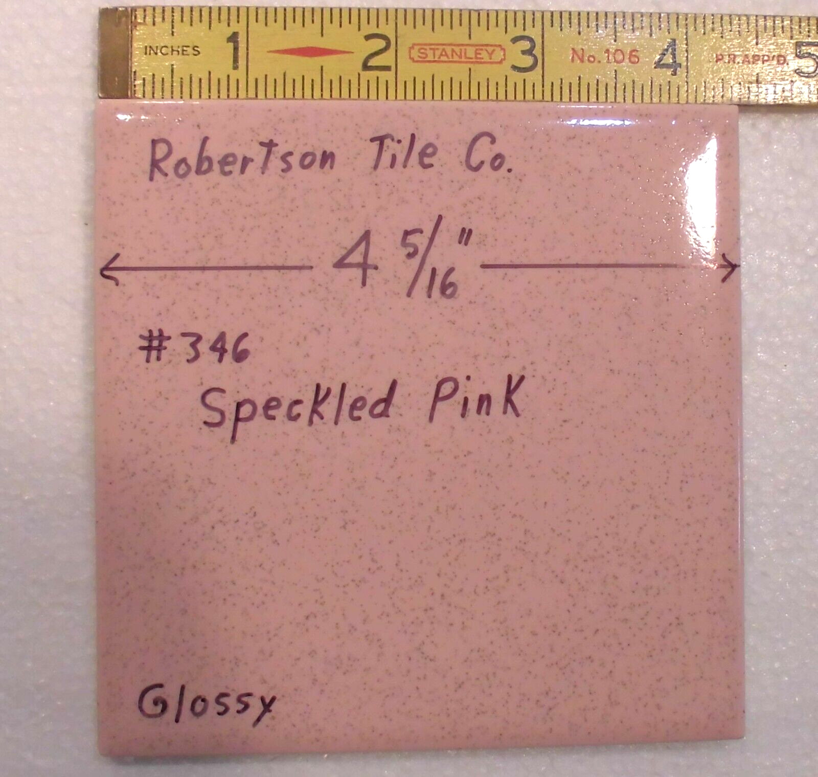 1 pc. Speckled Pink: 4-5/16″ Ceramic Tile by Robertson, pink + tiny specks, NEW