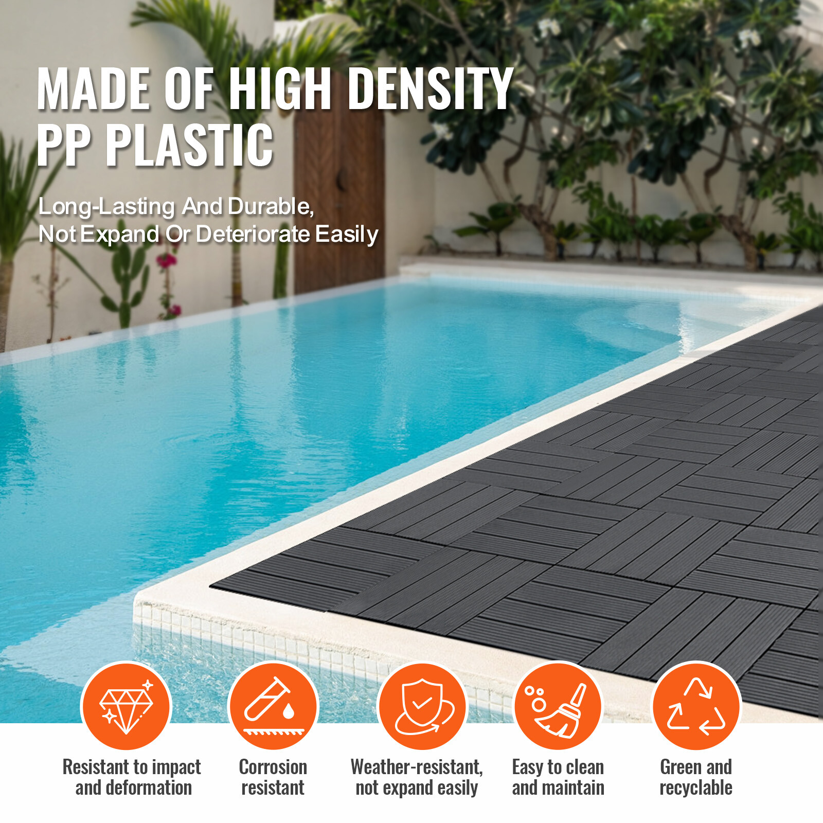 VEVOR Interlocking Deck Tiles 54 Pack 12″x12″ Plastic for Porch Dark Grey
