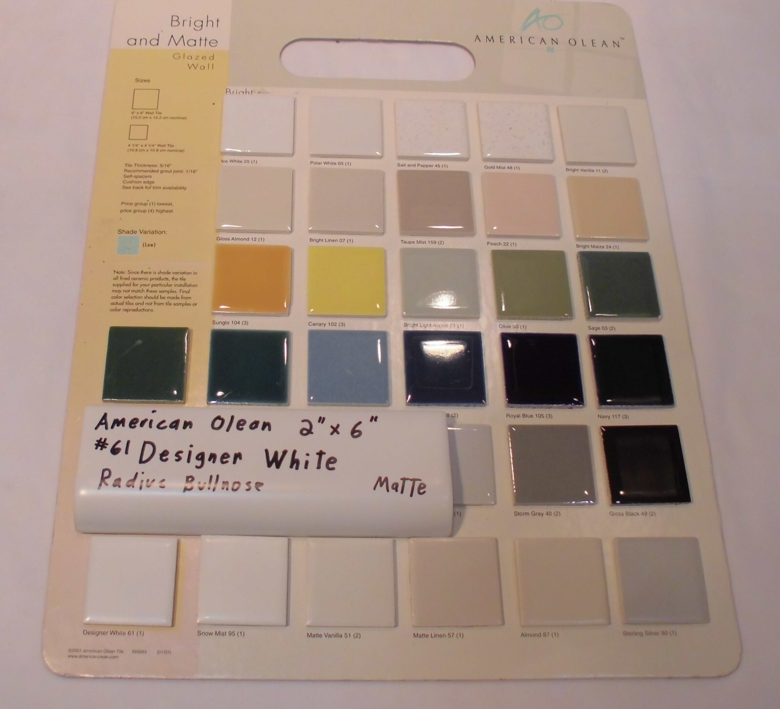 1pc. Matte Designer White 2″ X 6″ X 5/8″ Ceramic Radius Bullnose Tile, Mud-Cap