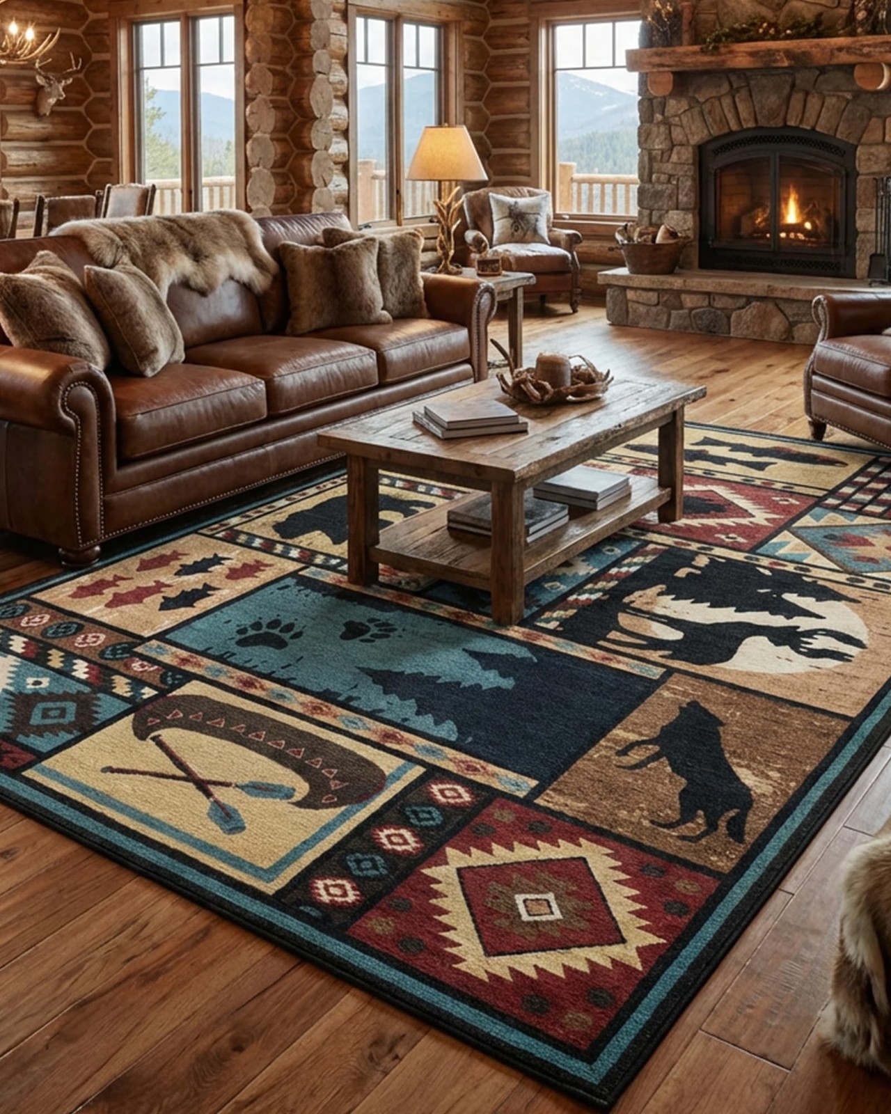 Rustic Rugs for Living Room, Washable Cabin Rug 5×7 Bear Area Rug Country Far…