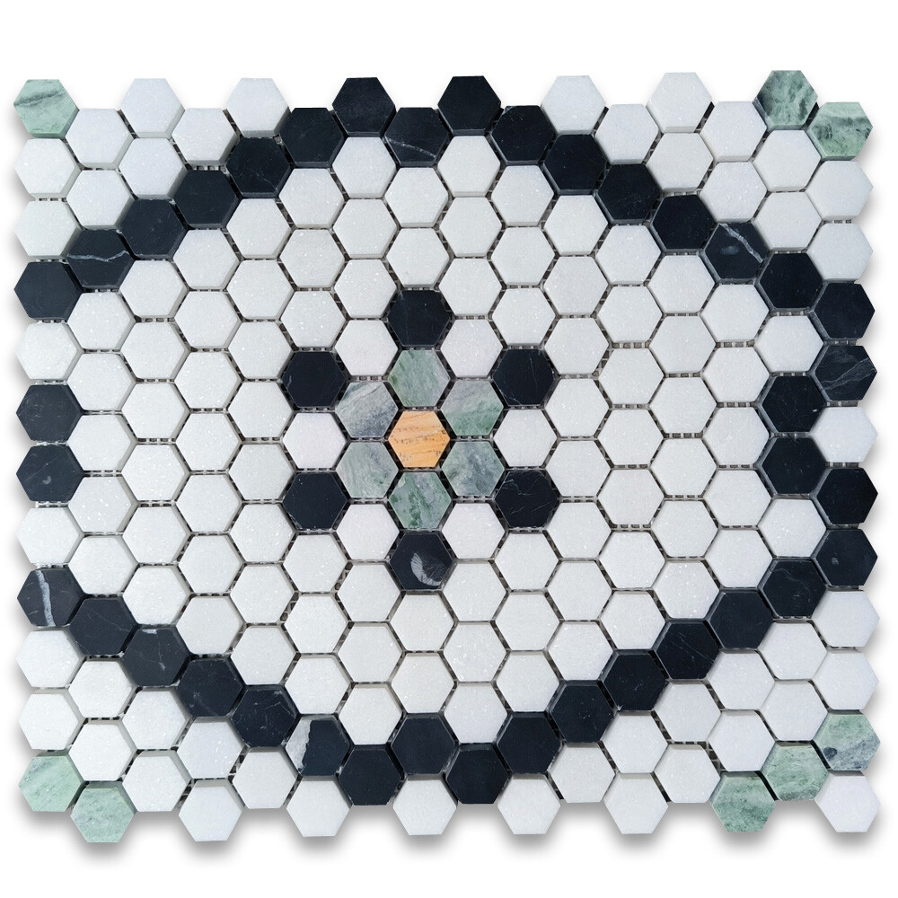 T31F6XH Thassos White Marble Hexagon Snowflake Mosaic Tile Black Green Gold