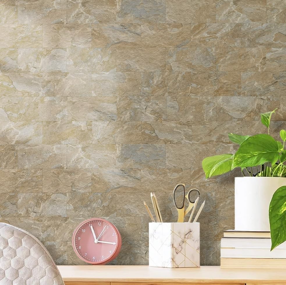 100-Piece Peel and Stick Backsplash Wall Tiles, 3″ x 6″ PVC Sandstone Faux St…