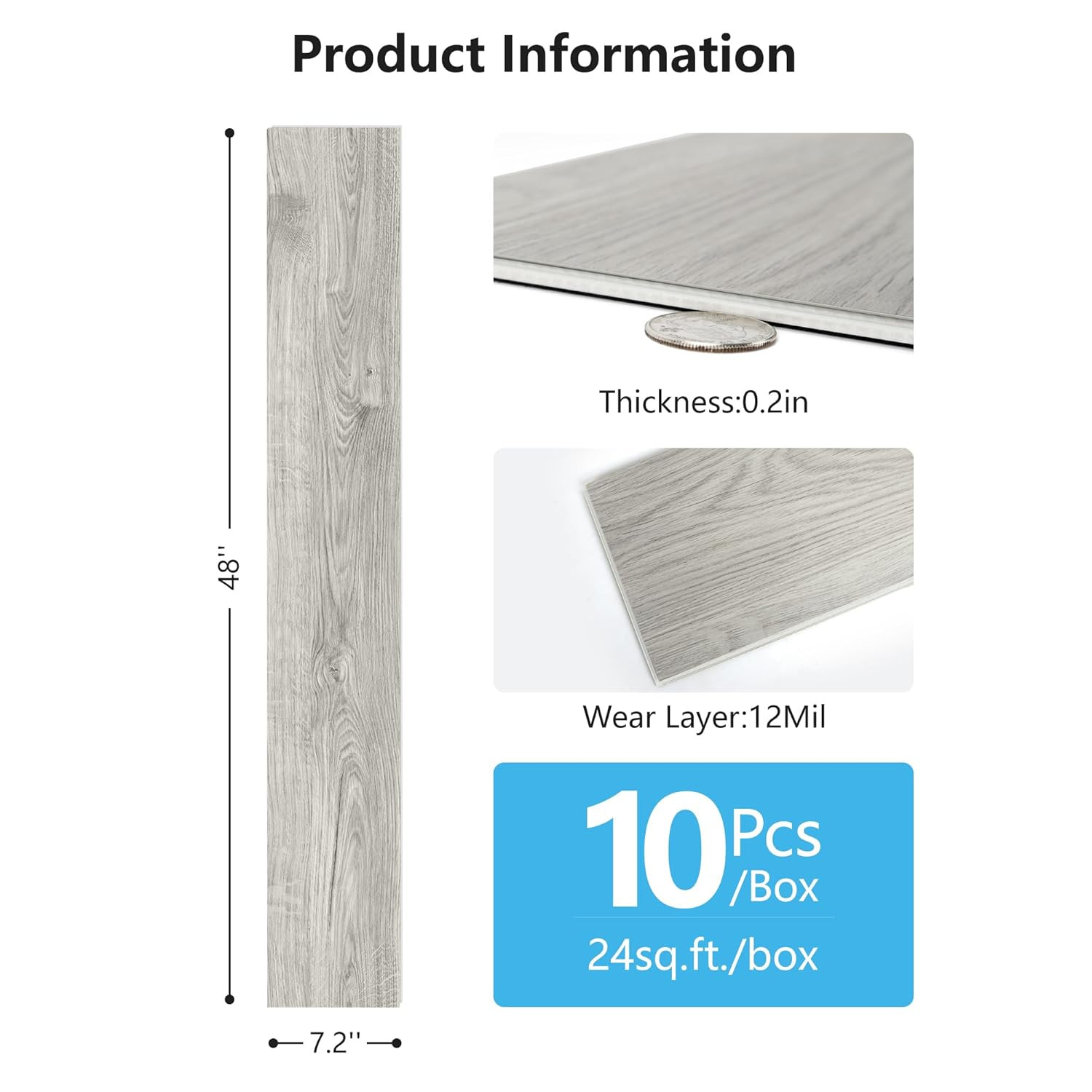 48″ X 7.2″ SPC Click-Lock Floating Floor Tiles (24 Sq. Ft), 10-Pack Luxury Wood