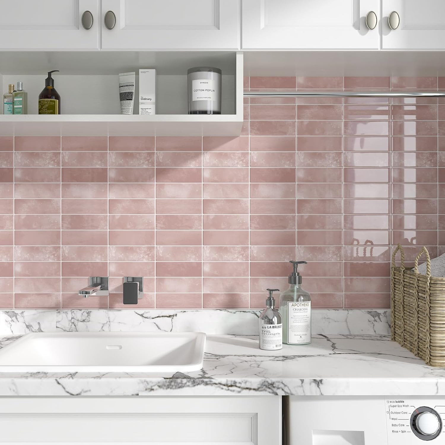 6 Sheets 12″X12″ Pink Subway Peel and Stick Backsplash Tiles Heat Resistant Wate