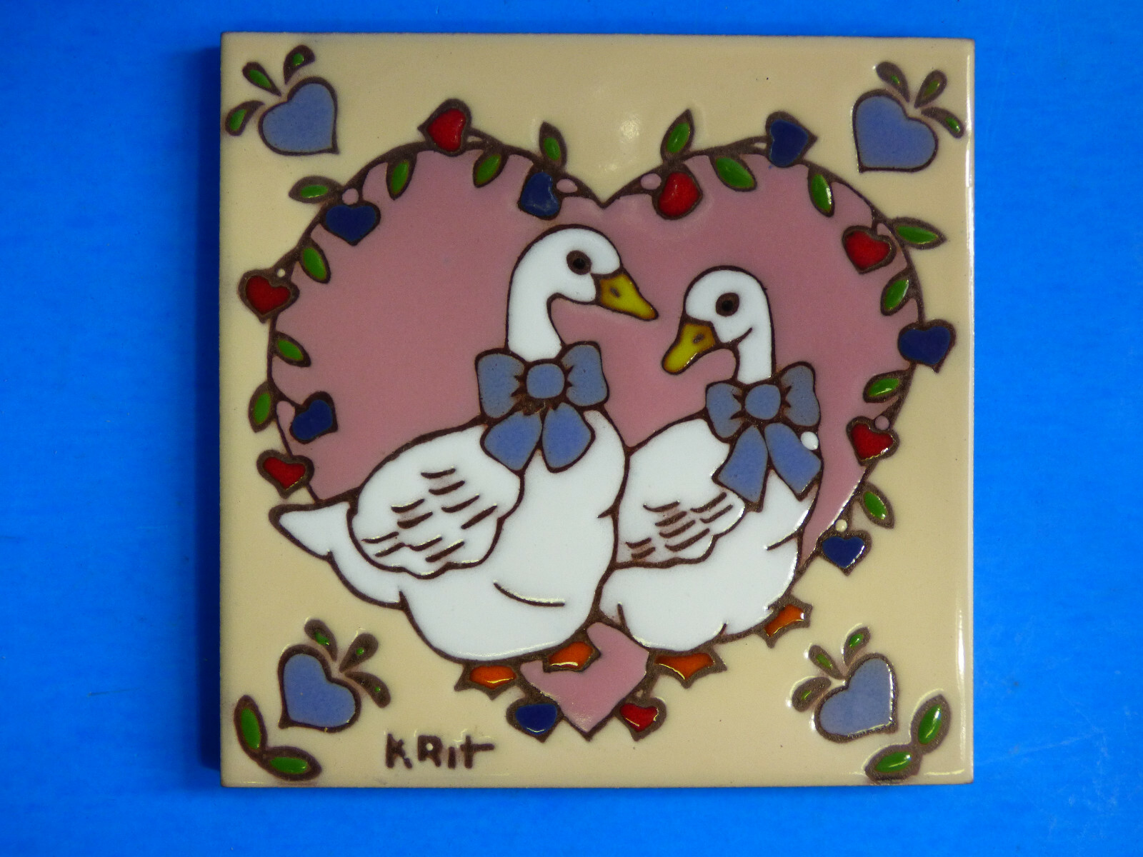 Ceramic Art Tile 6″x6″ Cute Country Geese With Hearts & Bows Trivet Wall New M49