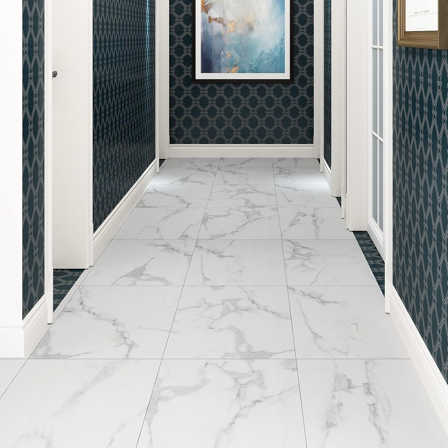 Carrara Marble Peel and Stick Floor Tile Bathroom Waterproof Floor Tiles White M