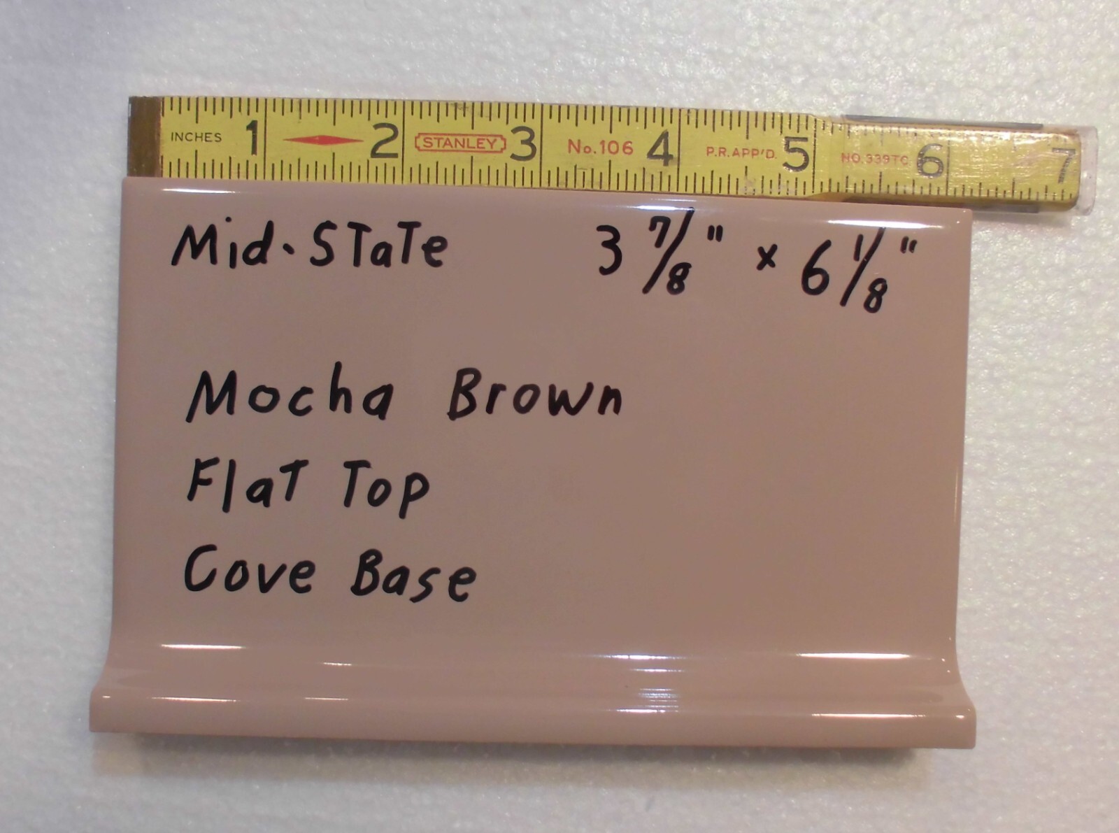 1 pc. Mocha – Brown Cove-Base Ceramic Tile 4″ X 6″ Mid-State: Glossy; stack on