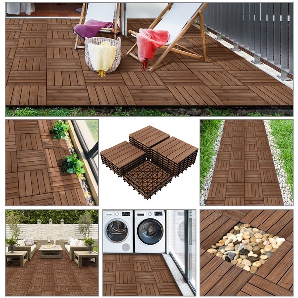 27pcs Wooden Patio Tiles Interlocking Flooring Deck Tile Outdoor Pathway 12×12”