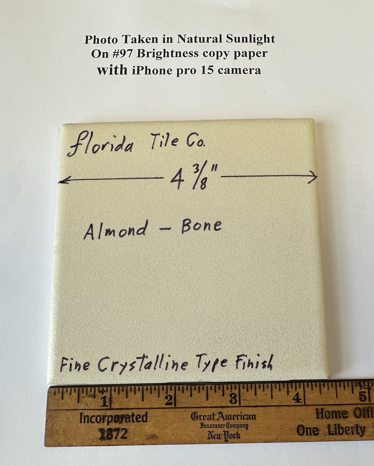 1 pc. Almond – Bone Color: 4-3/8″ Crystal Glazed Ceramic Tile, fine crystalline