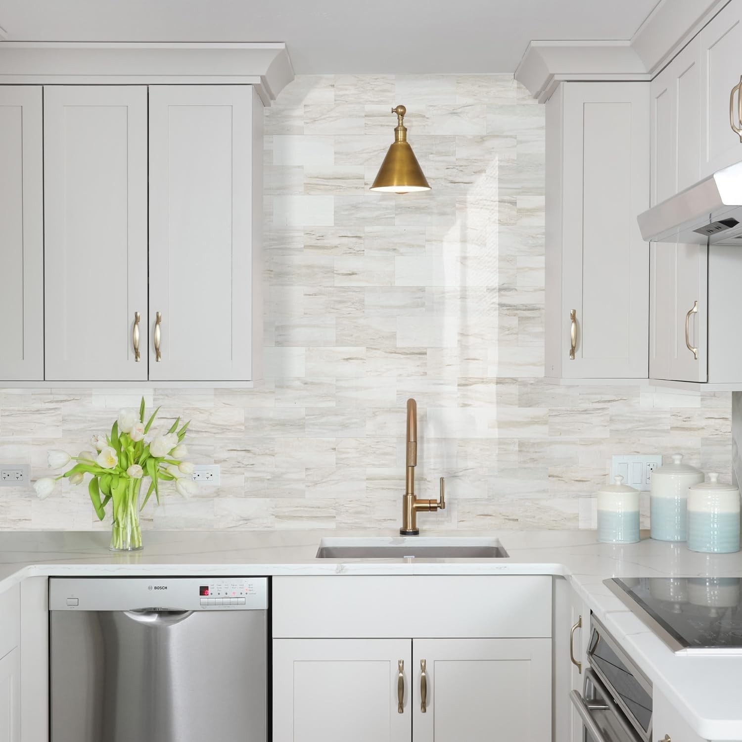STICKGOO 10-Sheets Subway Tile Peel and Stick Backsplash – Polished Beige Marble