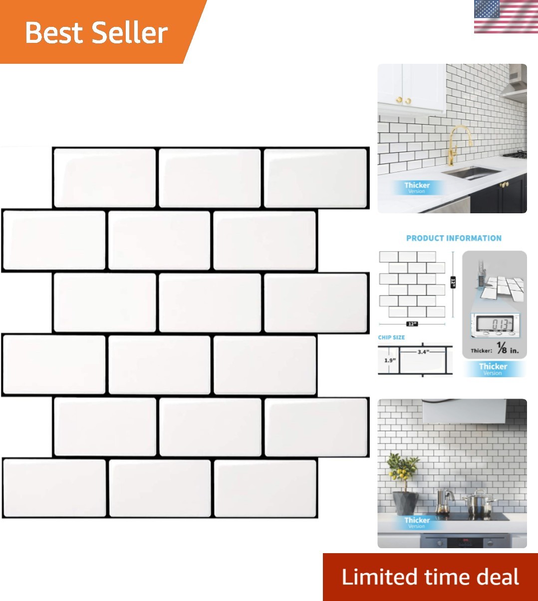 Peel and Stick Backsplash for Kitchen White Subway 10 Tiles, Thicker Design