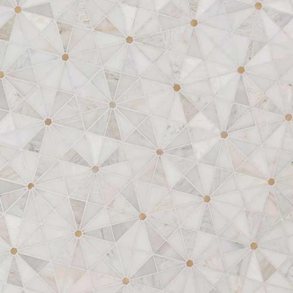Elegante White Pinwheel 11 In. X 12 In. Stone/Metal Mesh-Mounted Mosaic Floor an