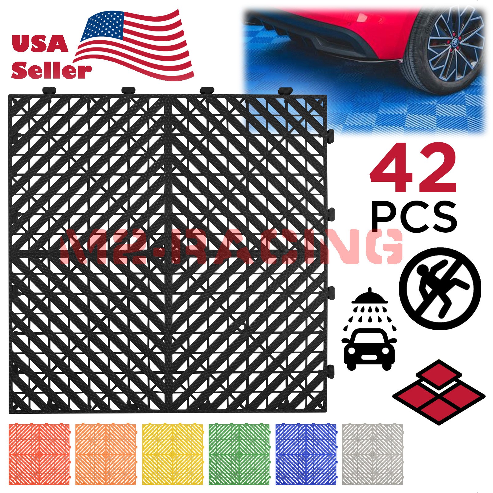 42pcs 16″x16″ Red Garage Floor Mat Perforated Flooring Tile Shop Interlocking