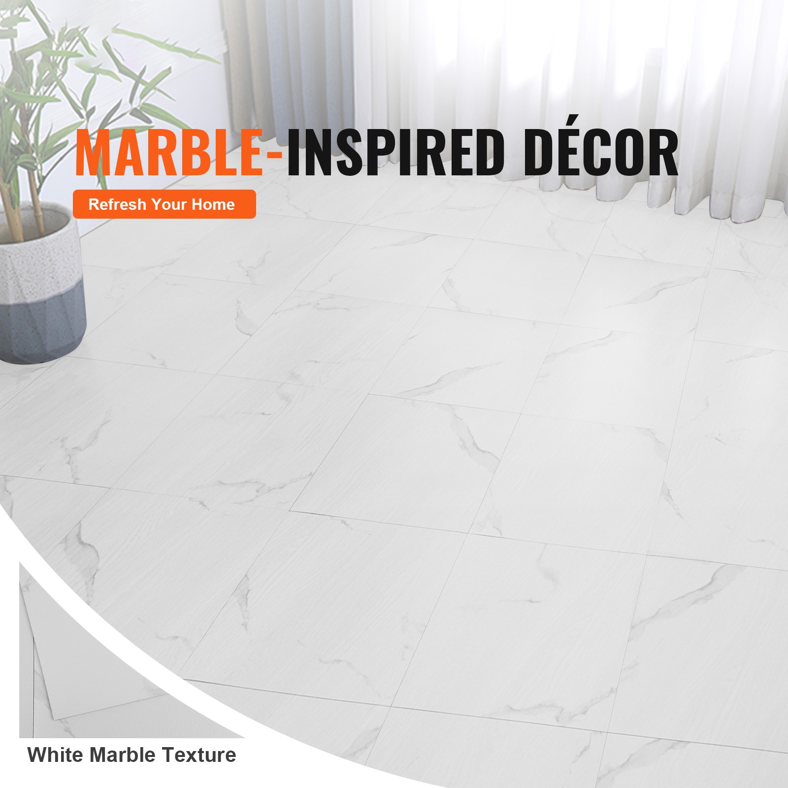 Uimoso 12” x 12” Self Adhesive Vinyl Floor Tiles 50 PCS 1.5mm Thick White Marble