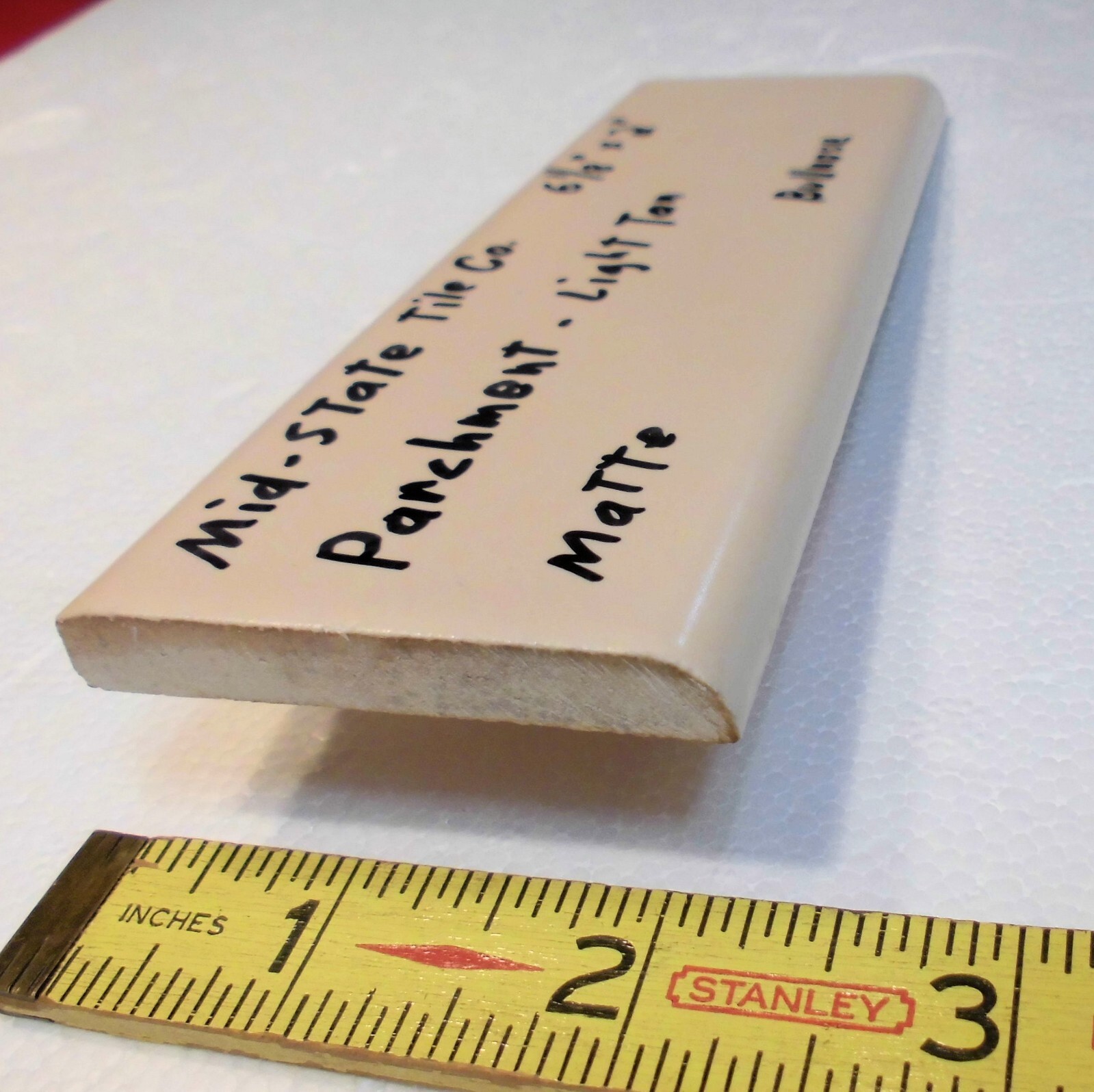 1 pc. Parchment-Light Tan 2” X 6-1/8” Matte Ceramic Bullnose Tile Mid-State Co.