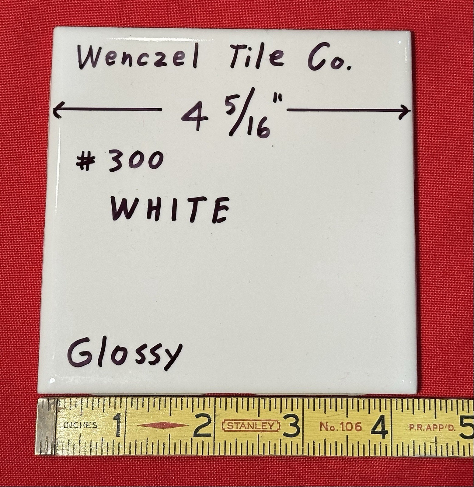 1 pc. Gloss White #300: 4-5/16″ Ceramic Tile by Wenczel Co. made 1960’s -1980’s