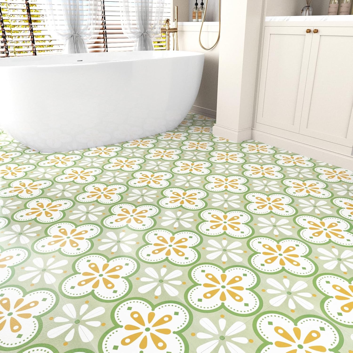 12″x12″ Green Boho Floral Peel and Stick Floor Tile Self Adhesive Waterproof