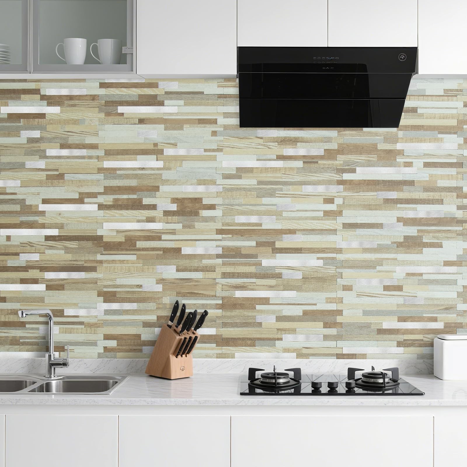 AULIGET 20 Sheets Beige & Brown Wood Peel and Stick Backsplash, PVC Mixed Met…