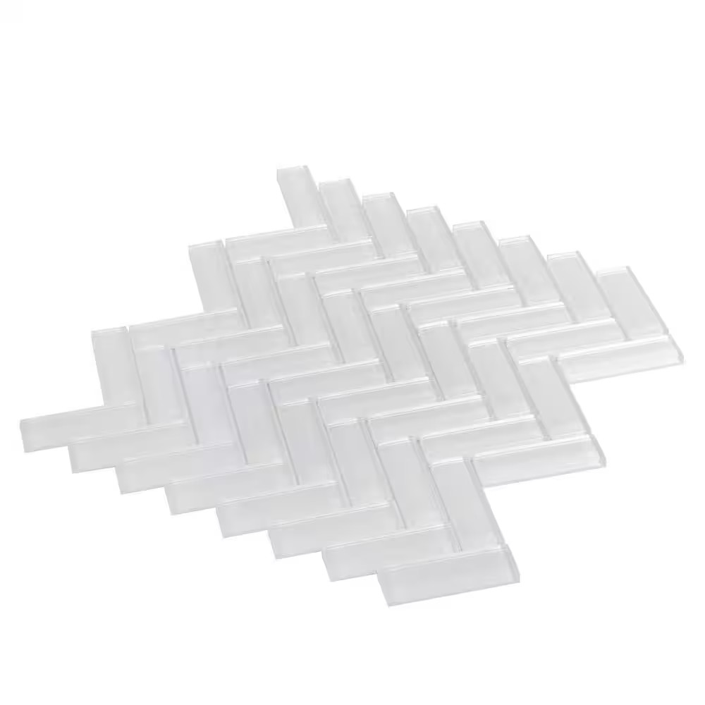 Ice White 11 In. X 12.6 In. Herringbone Polished Glass Mosaic Tile (4.81 Sq. Ft.