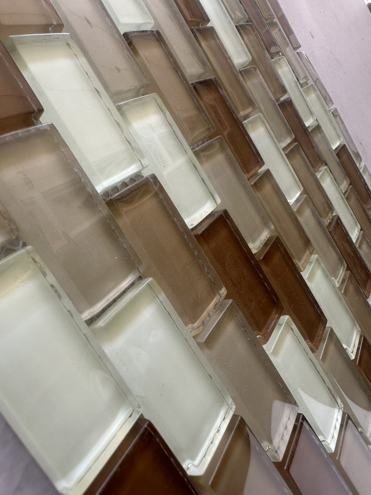 Light Beige 1×2 inch Mix Glossy Glass Mosaic Offset Mesh Mounted