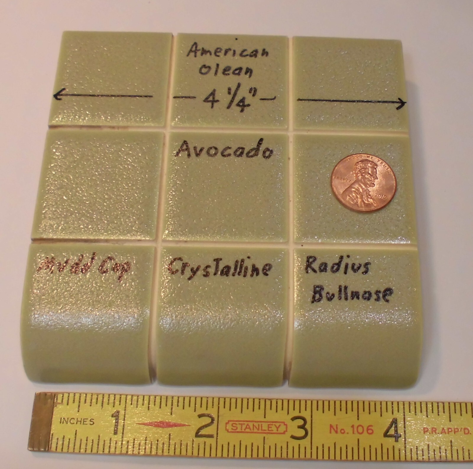 1 pc. Ceramic Radius Bullnose Tile: Avocado Crystalline: American Olean 4-1/4″