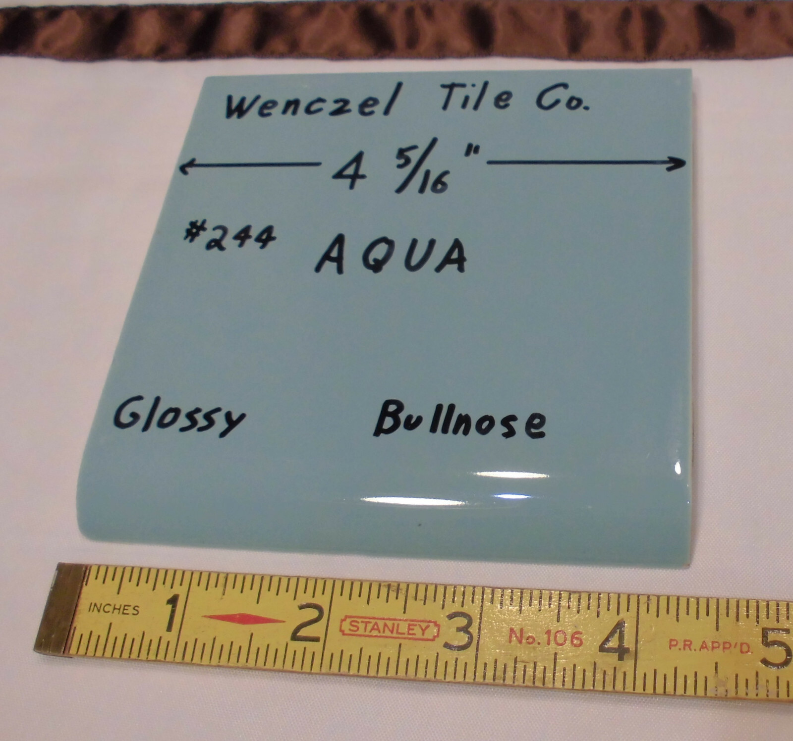1 pc. Aqua #244; Blue-Green Glossy Ceramic Tile; Wenczel Tile 4-5/16″ Bullnose