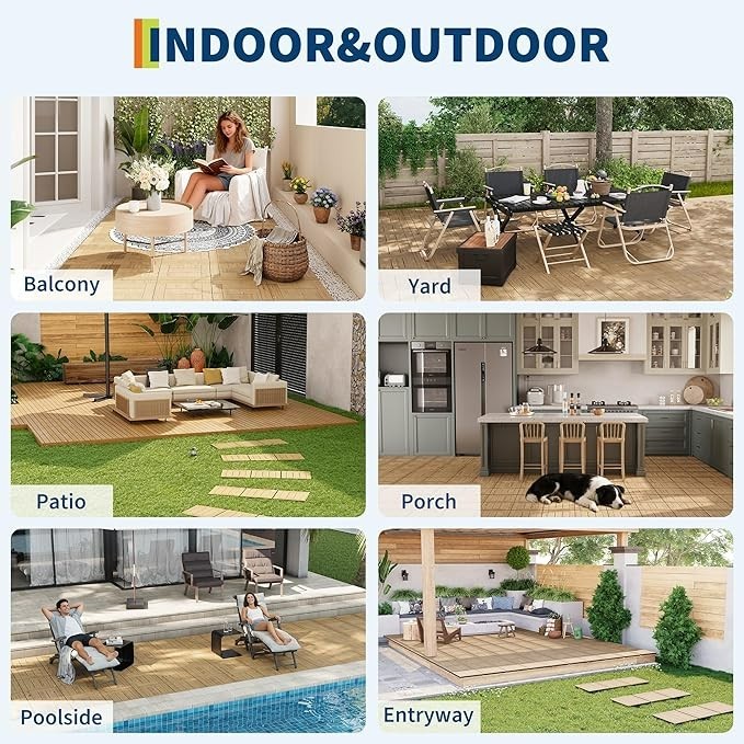 22 PCS Solid Acacia Wood Interlocking Deck Tiles 12″x12″ Patio Garden Floor 21SQ