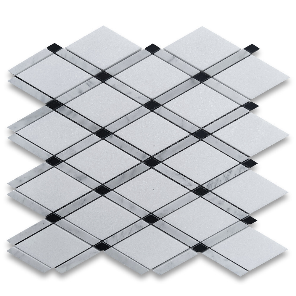 T881XH Thassos White Marble Diamond Lattice Mosaic Tile White Marquina Black