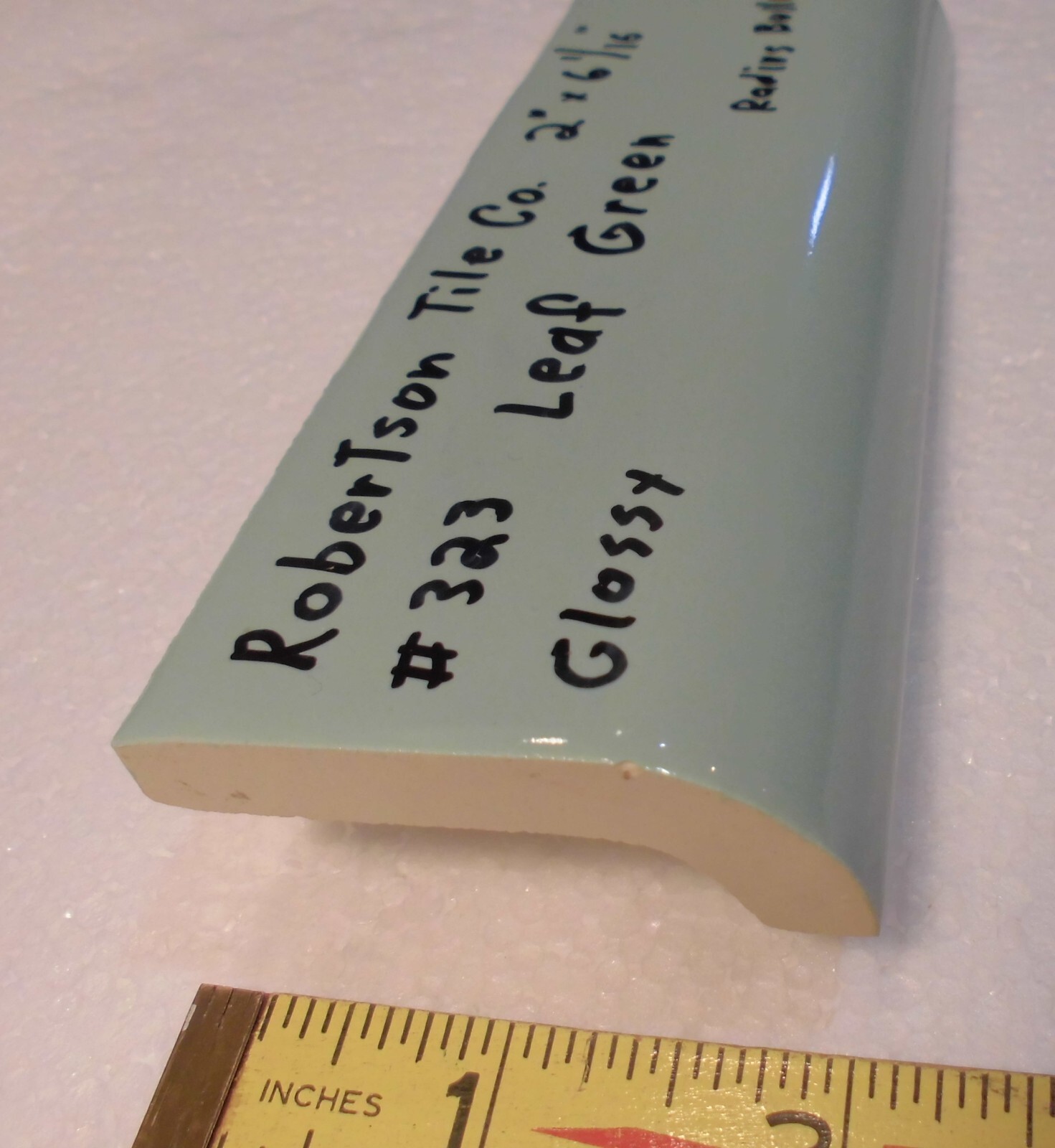 1 pc. Leaf Green: 2″ X 6-1/16″ Glossy Ceramic Radius Bullnose Tile: Mudd Caps,
