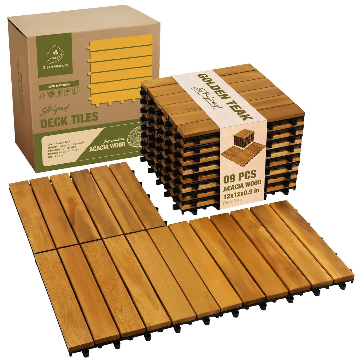Acacia Wood Interlocking Deck Tiles 12″x12″x0.9″ Golden Teak Striped Hardwood