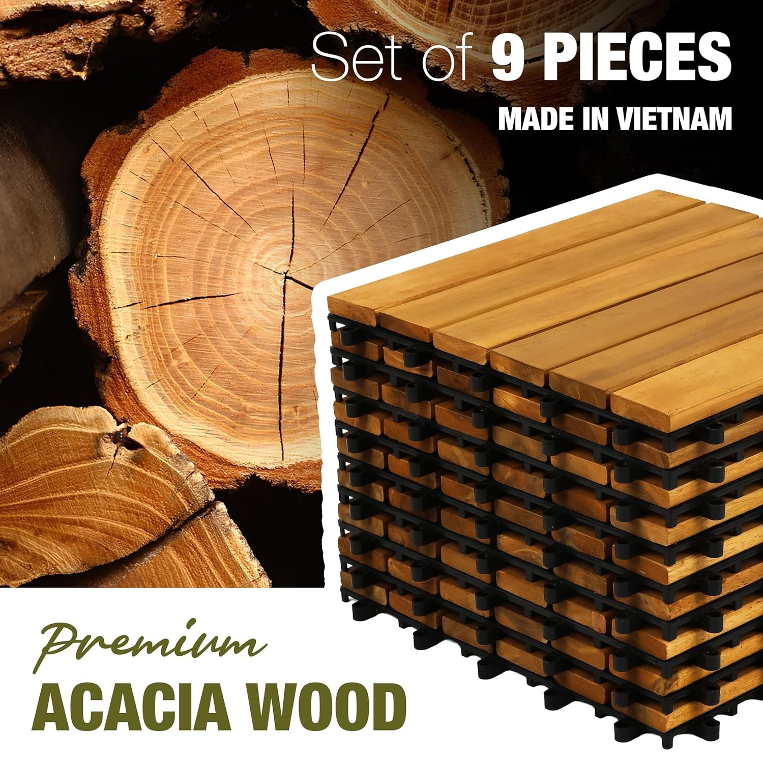 Acacia Wood Interlocking Deck Tiles 12″x12″x0.9″ Golden Teak Striped Hardwood