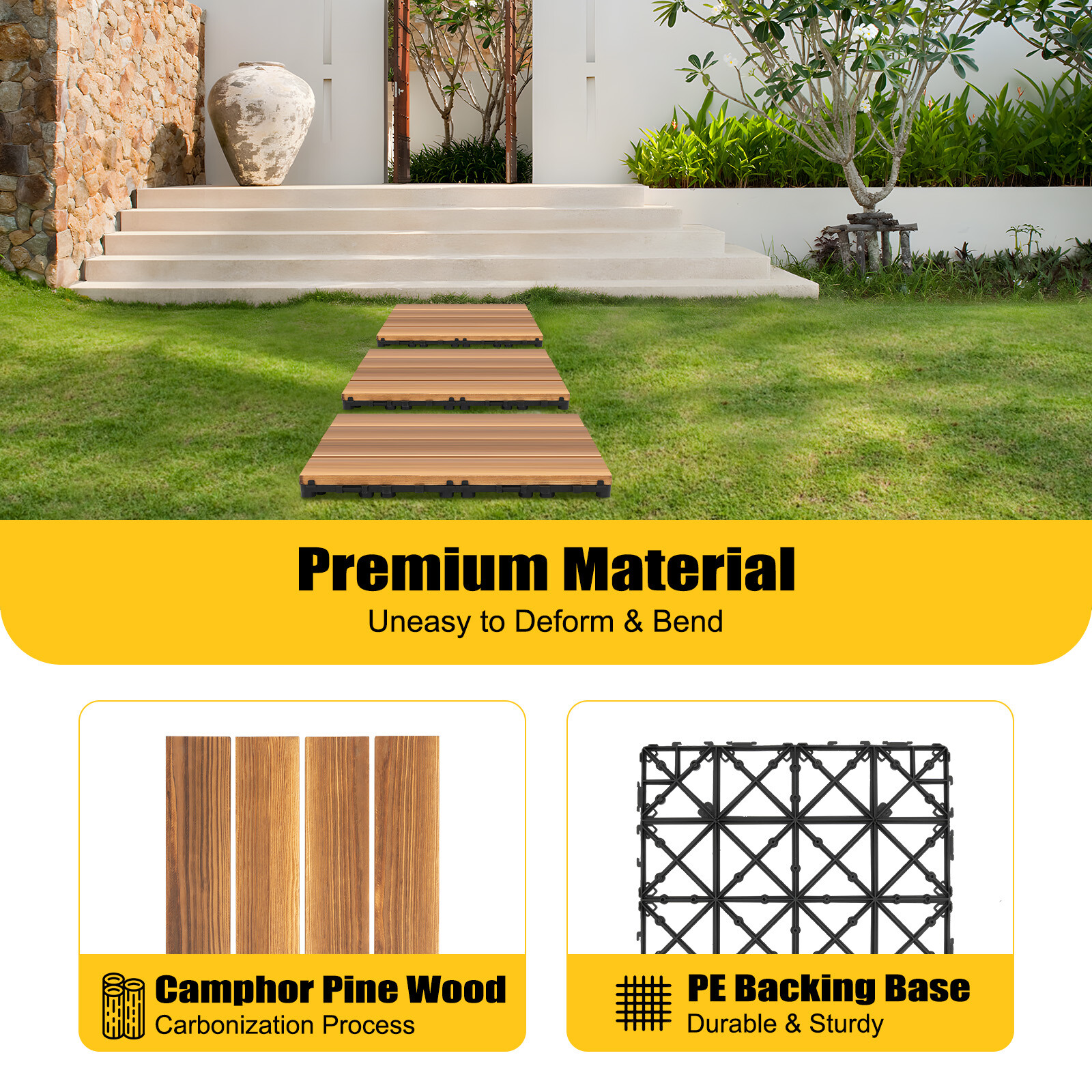36Pcs Hardwood Interlocking Patio Deck Tiles Wood Flooring DIY Outdoor 12”x12”
