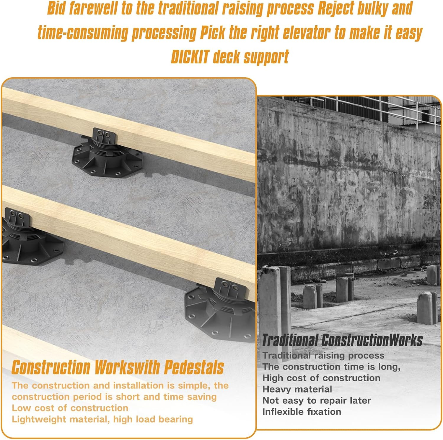 24-Pack Adjustable Deck Support Pedestals, 1.18″–2.36″ (30–60 Mm), for 2×4 & 2×6