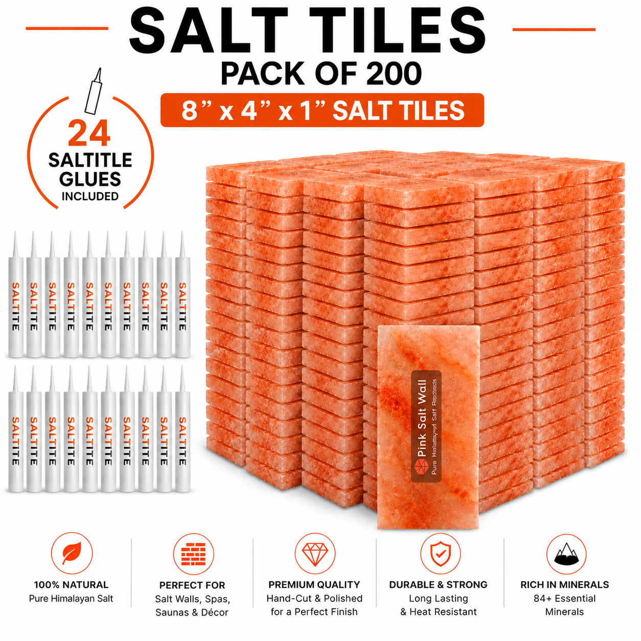 200 Himalayan Salt Tiles 8x4x1 with 24 Salt Tile Glues for Salt Wall Sauna & Spa
