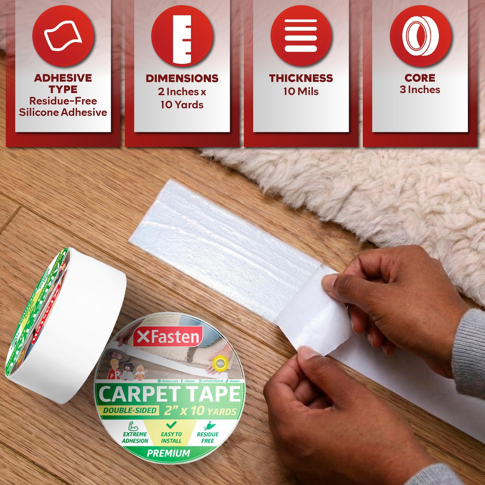 XFasten Carpet Tape for Hardwood Floors 2-Inch x 10-Yards, 3-Inch Core, White