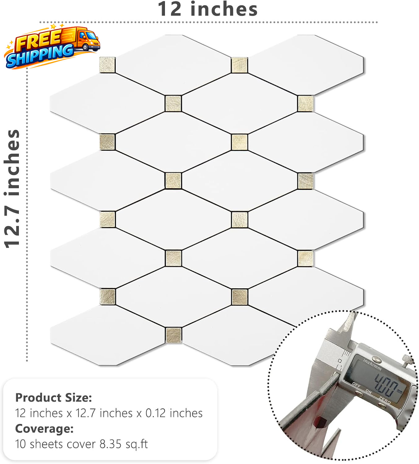 10 Sheets Peel and Stick Backsplash Pure White Marble Look PVC Mixed Metal Gold