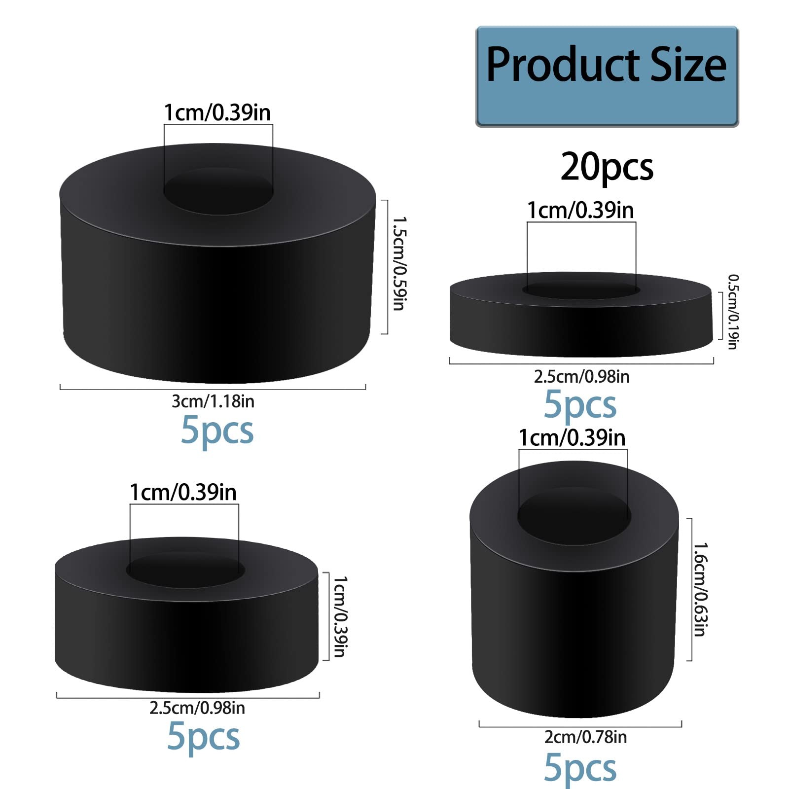 20 Pack Thick Rubber Washers – Round & Flat Spacers, 4 Sizes, Black