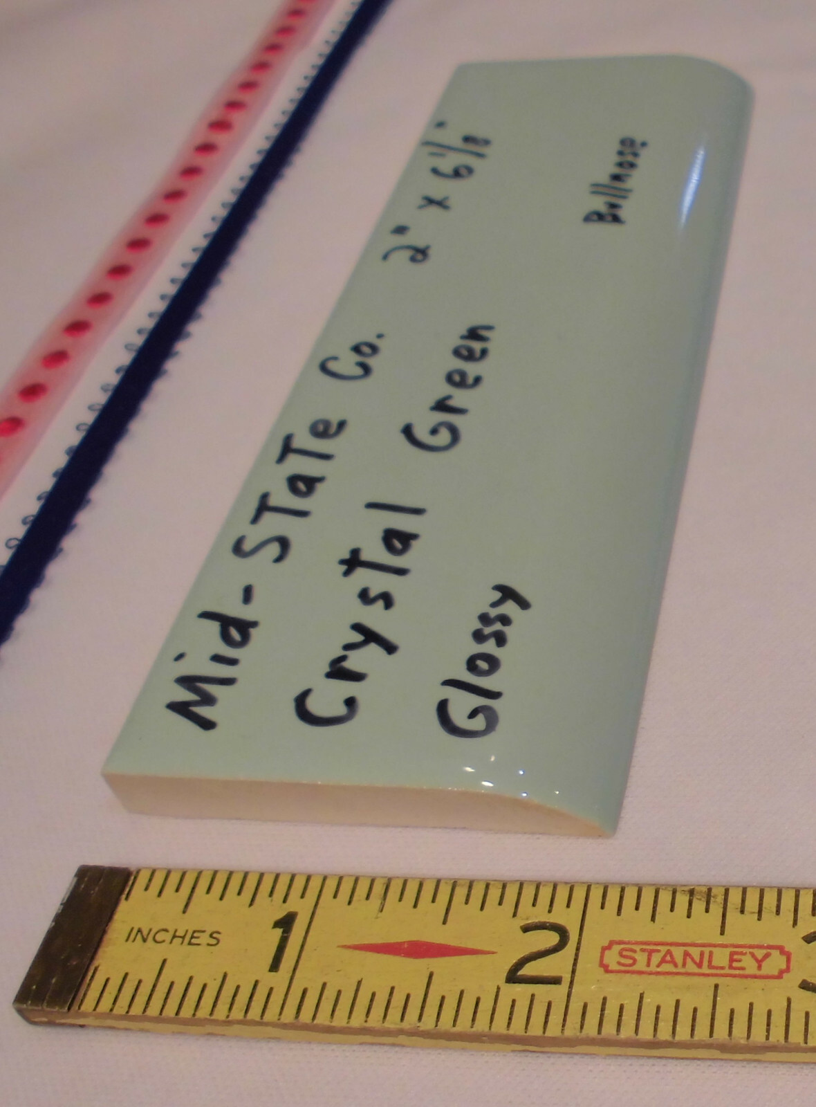 1 pc. Crystal Green: 2” X 6” Glossy Ceramic Bullnose Tile by MID-STATE, NOS