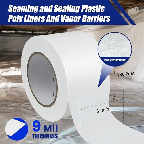 Bghdas Roll Vapor Barrier Tape, 3″ Wide x 180′ Long, White PE 9 mm 2