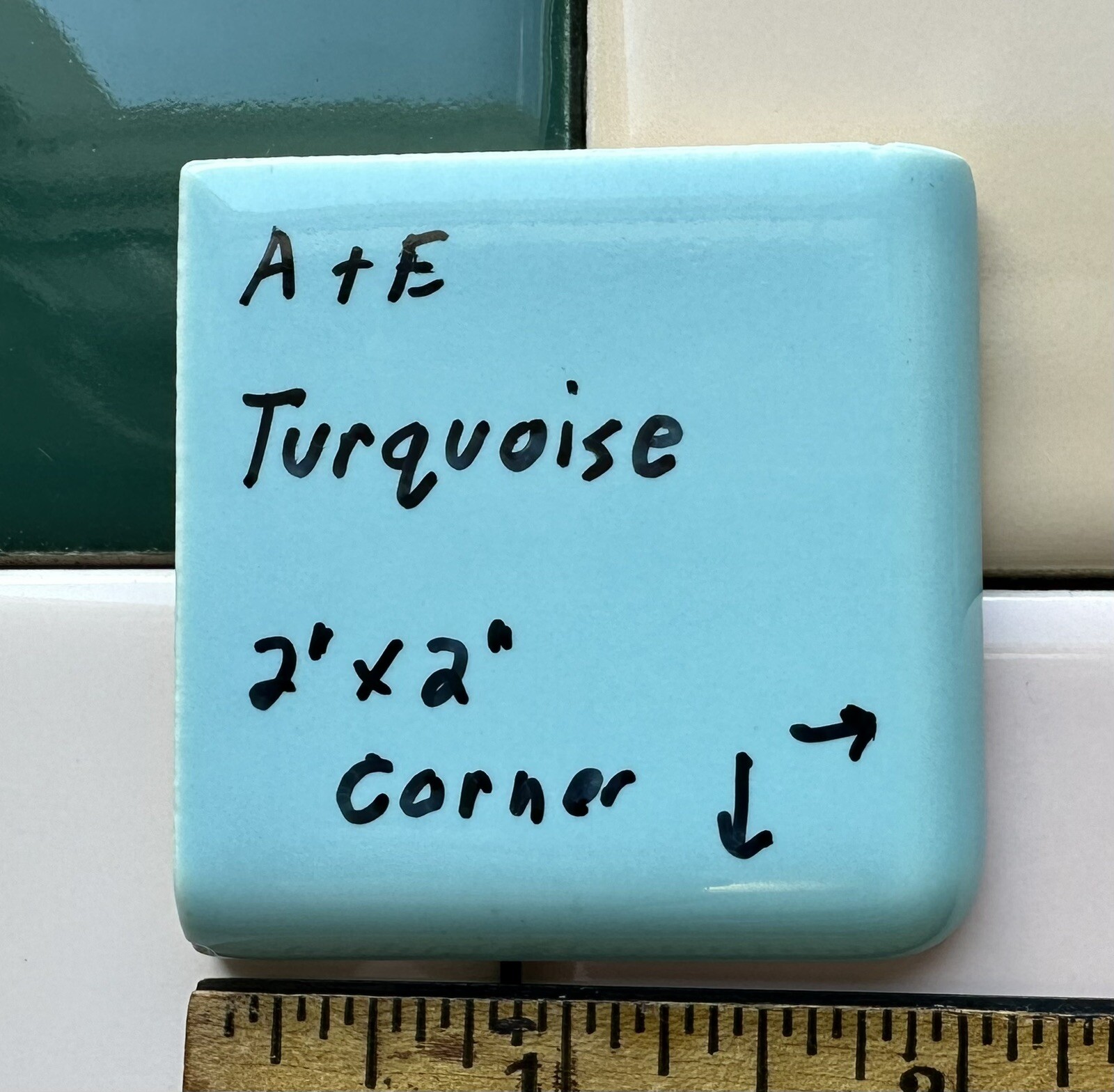 Turquoise: 2″ X 2″ X 5/16″ Ceramic Surface Bullnose Corner Tile, made 1950’s