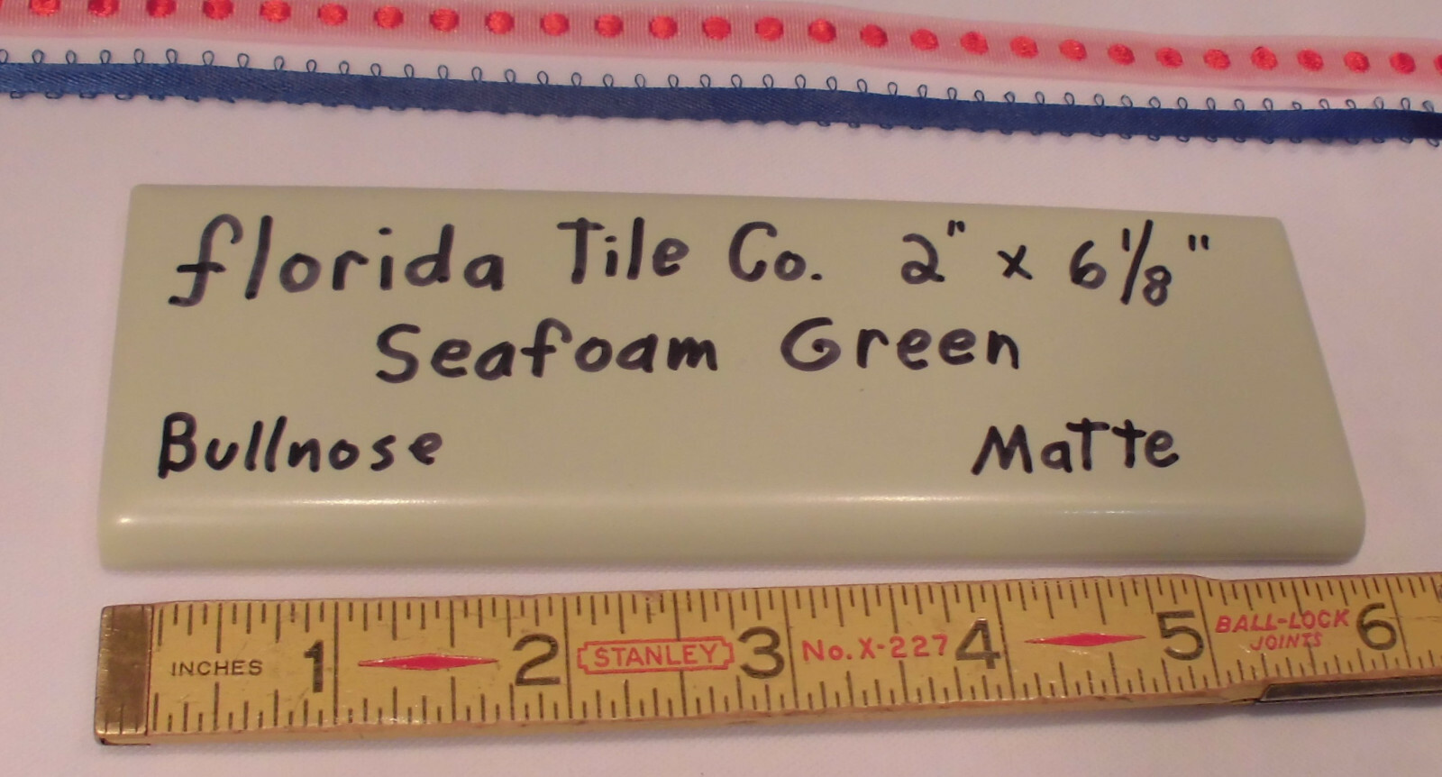 1 pc. Florida Tile Co. *Seafoam Green* Bullnose Ceramic Tile, flat surface type