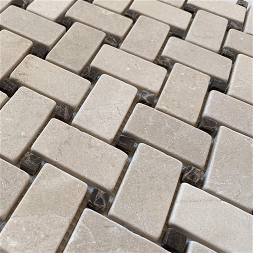 M654XT Tumbled Crema Marfil Marble Basketweave Slip Resistant Shower Tile