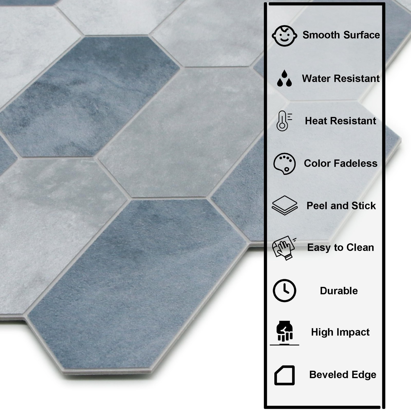10-Sheet Peel and Stick Backsplash, 12″ x 11.5″ Blue Cement Long Hexagon Self…